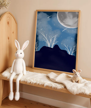 Paysage nocturne d'hiver avec arbres nus et pleine lune