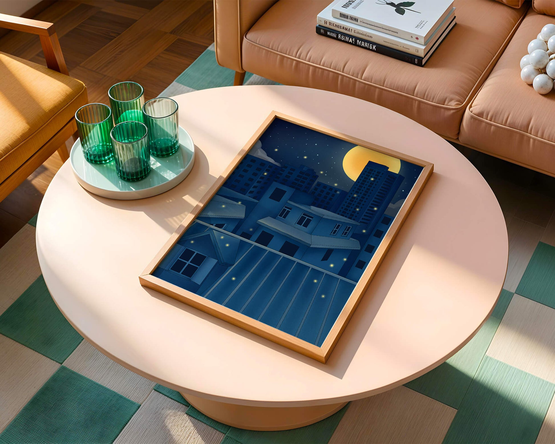 Skyline urbano nocturno bajo un cielo estrellado con una brillante luna llena