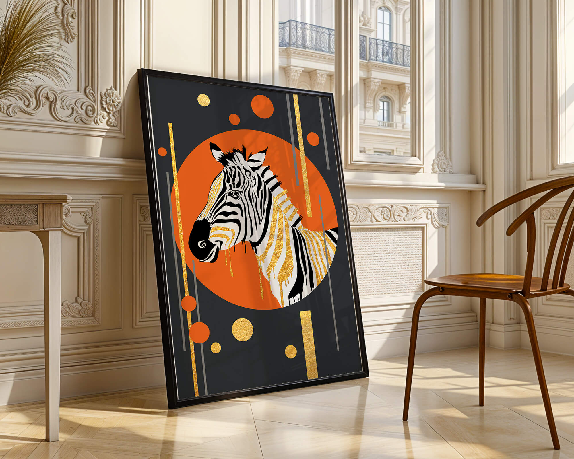 Modern zebra art with golden accents on abstract background