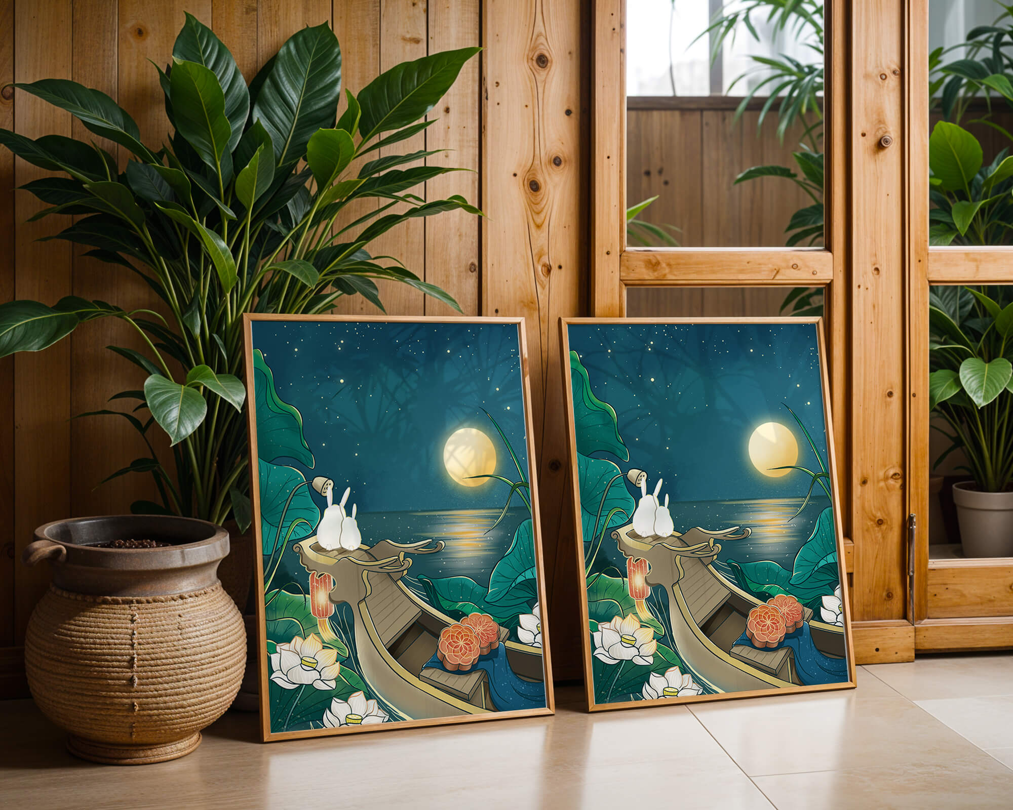 Serene illustration of rabbits gazing at a bright moon on a tranquil lake