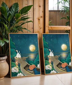 Ilustración serena de conejos contemplando una luna brillante sobre un lago tranquilo