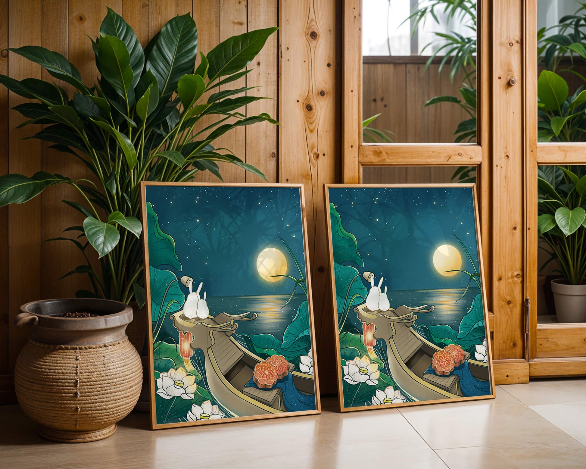 Serene illustration of rabbits gazing at a bright moon on a tranquil lake