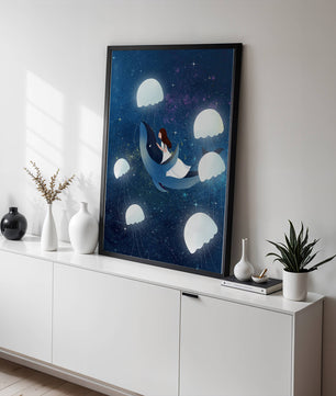Dreamlike scene of a girl riding a whale among jellyfish in space