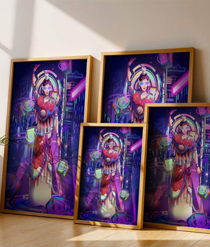 Guerrero futurista en un paisaje urbano neón vibrante con elementos digitales