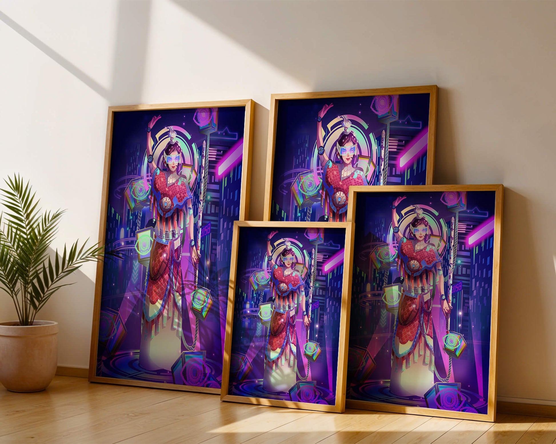 Futuristic warrior in vibrant neon cityscape with digital elements
