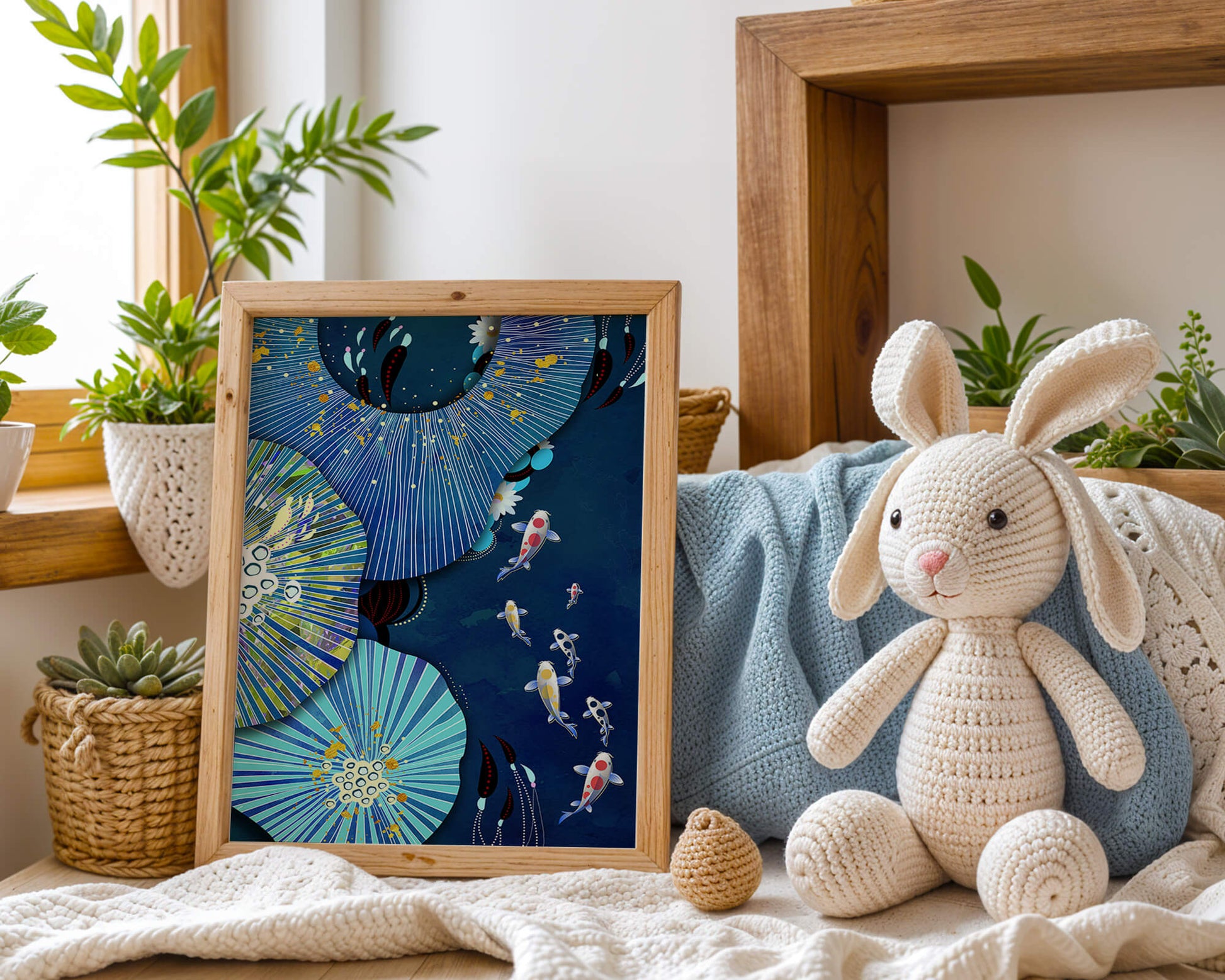 Vibrant underwater scene with koi fish and abstract floral design