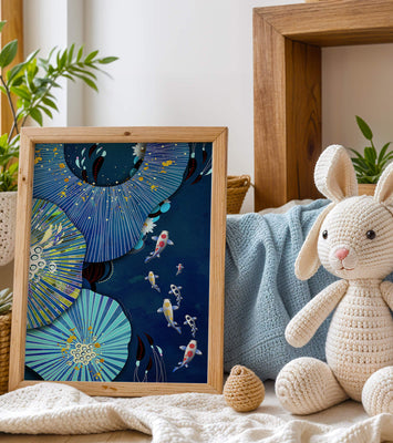 Vibrant underwater scene with koi fish and abstract floral design