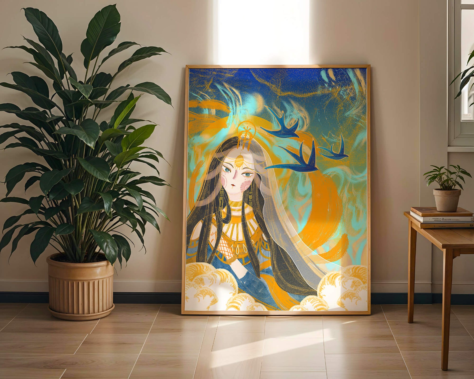 Majestic Goddess with Birds and Golden Elements in Mystical Setting