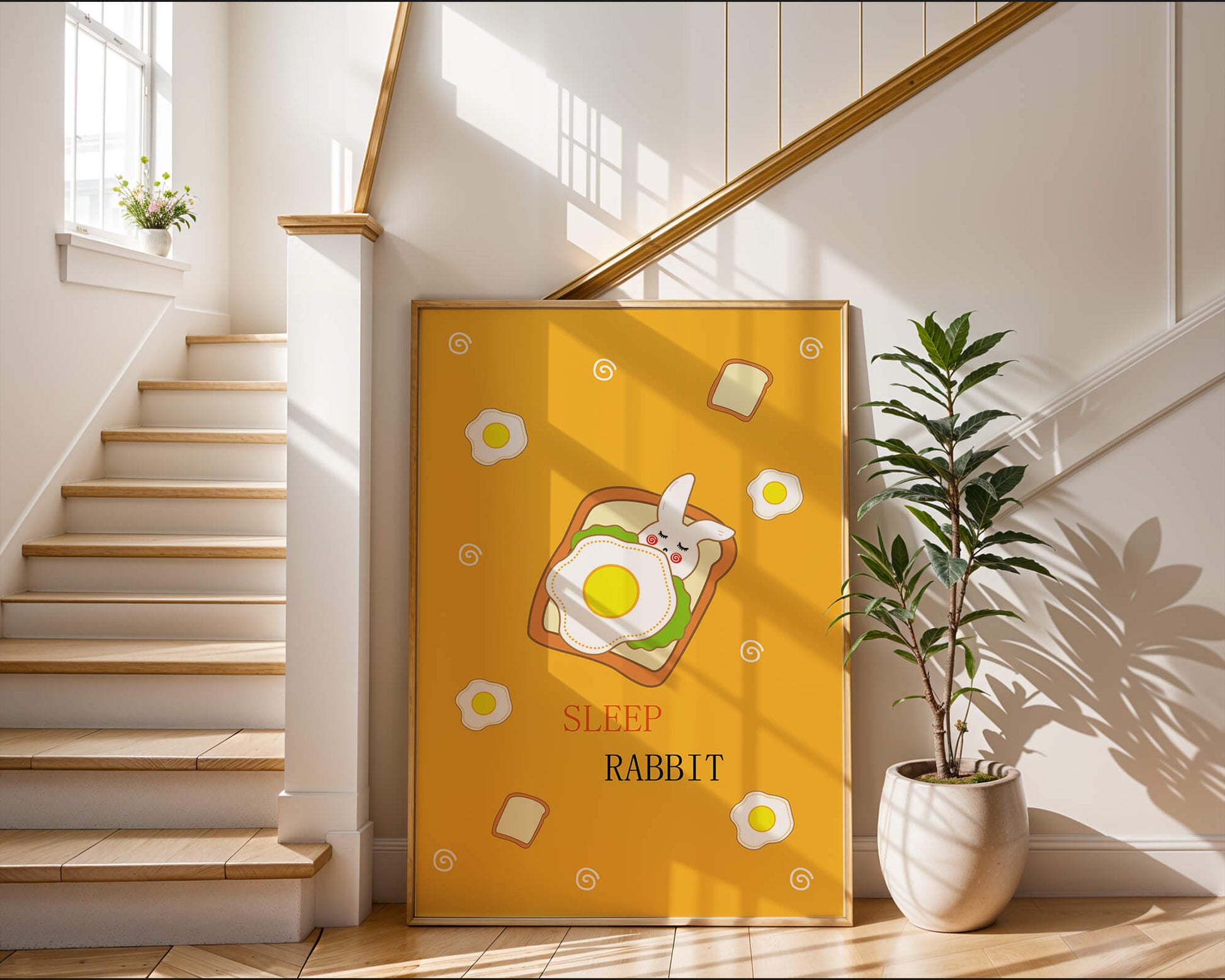 cute rabbit sleeping on toast with fried egg design