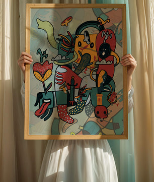 Colorful Abstract Surrealism Art with Intricate Details and Playful Characters