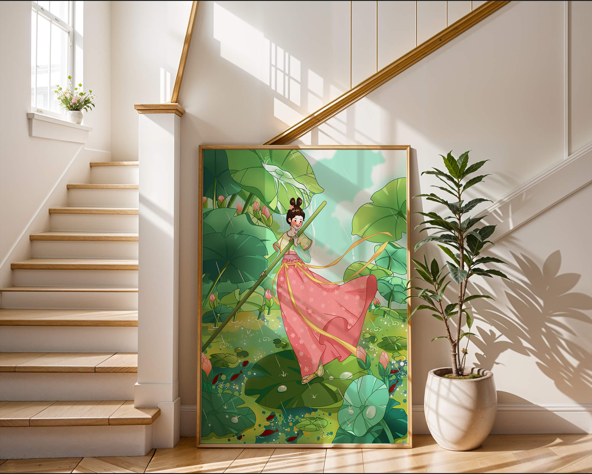 A whimsical scene of a girl in traditional dress among vibrant lotus leaves