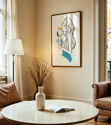 Stylized illustration of a woman with a flower and abstract elements