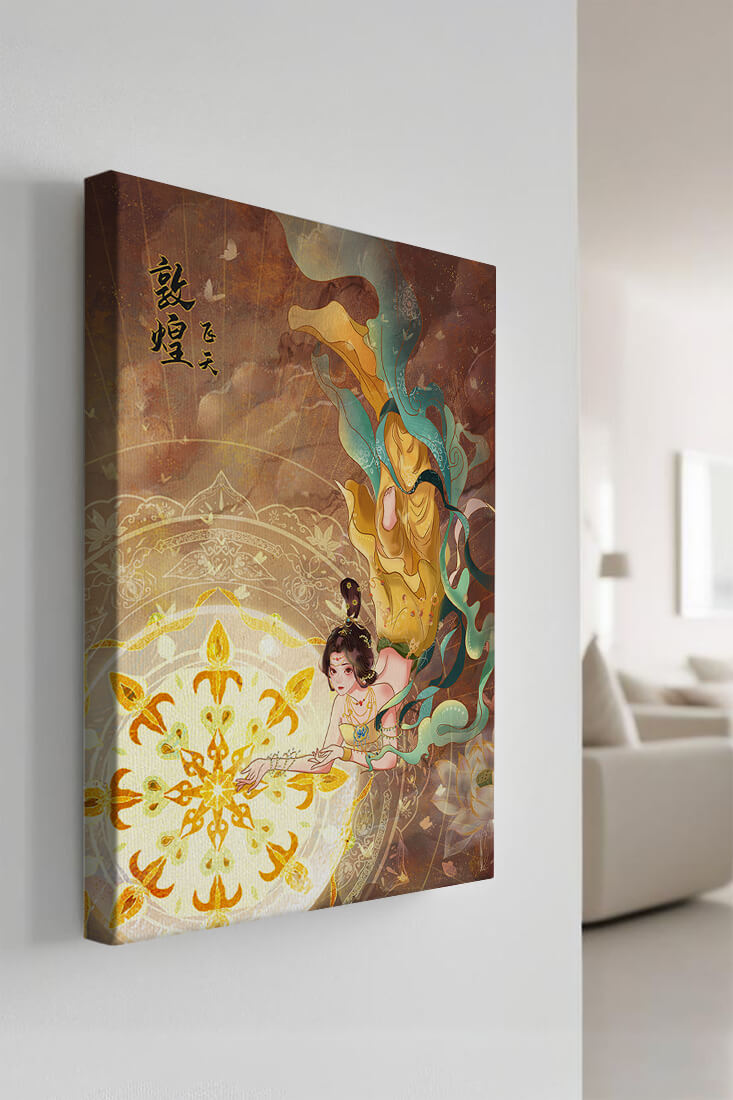 Figura celestial elegante con aura dorada y motivos florales