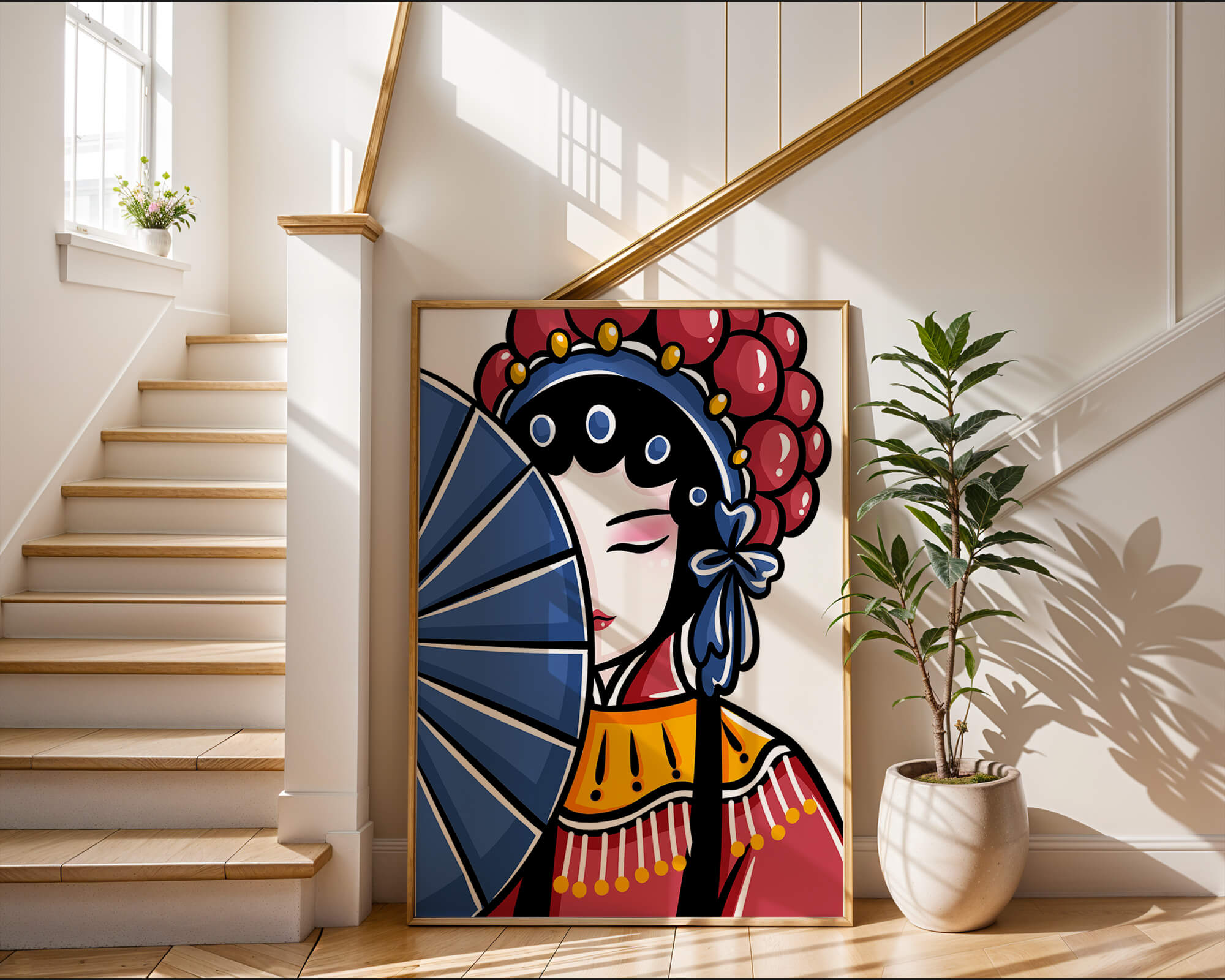Traditional Asian opera character with fan and decorative headpiece