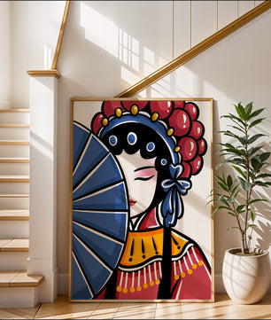 Traditional Asian opera character with fan and decorative headpiece
