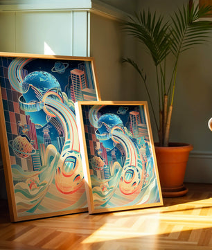 Futuristische Illustration mit VR-Thema und technologischen Elementen