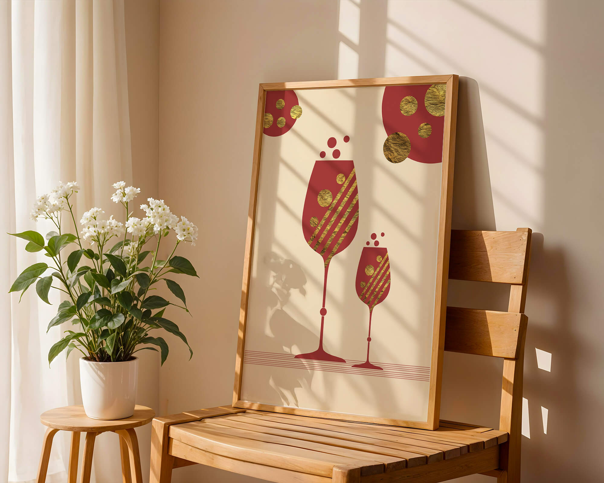 Stylish wine glasses with gold accents and a festive theme
