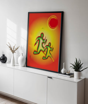 Abstract colorful figures under a vibrant sun with warm tones