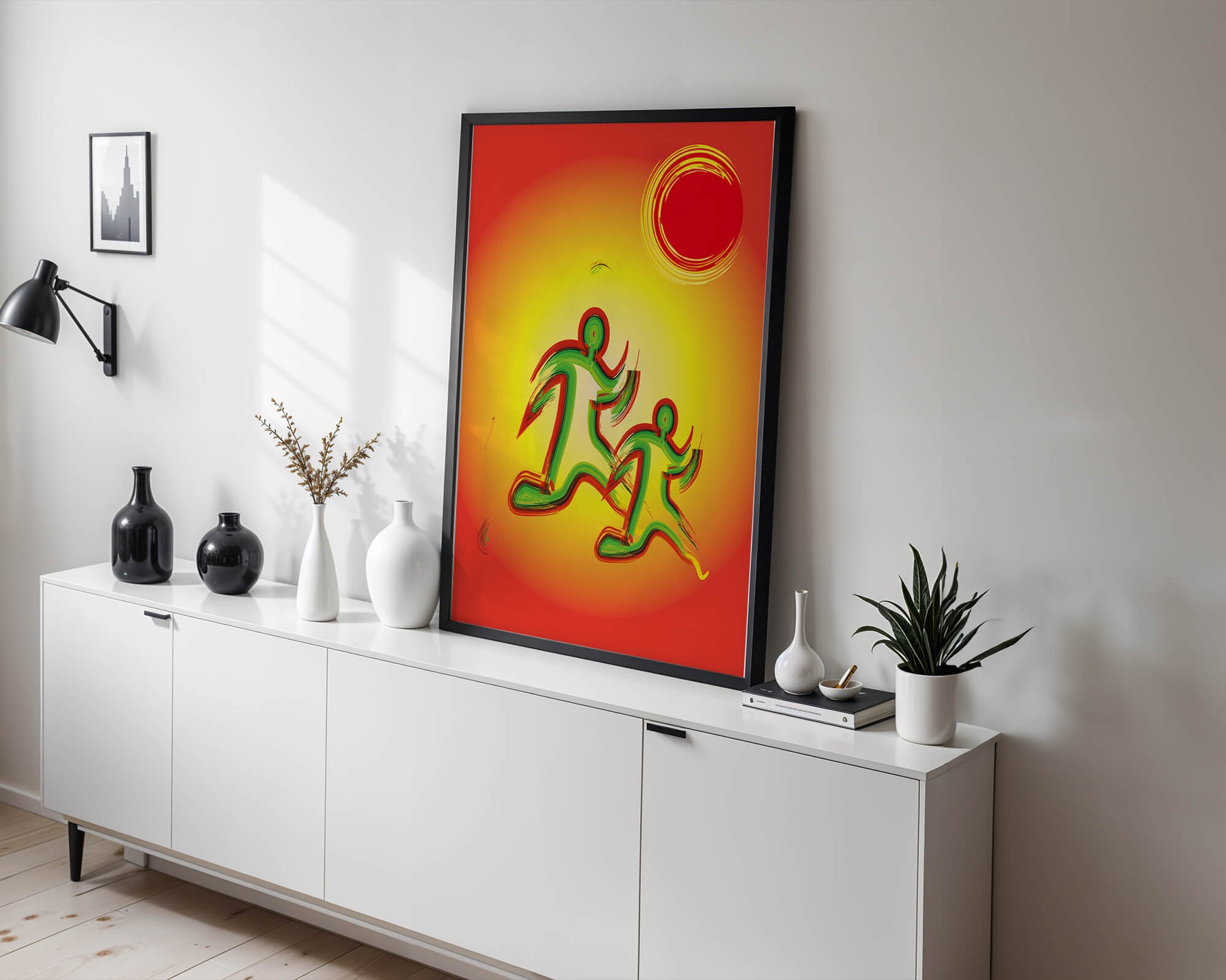 Abstract colorful figures under a vibrant sun with warm tones
