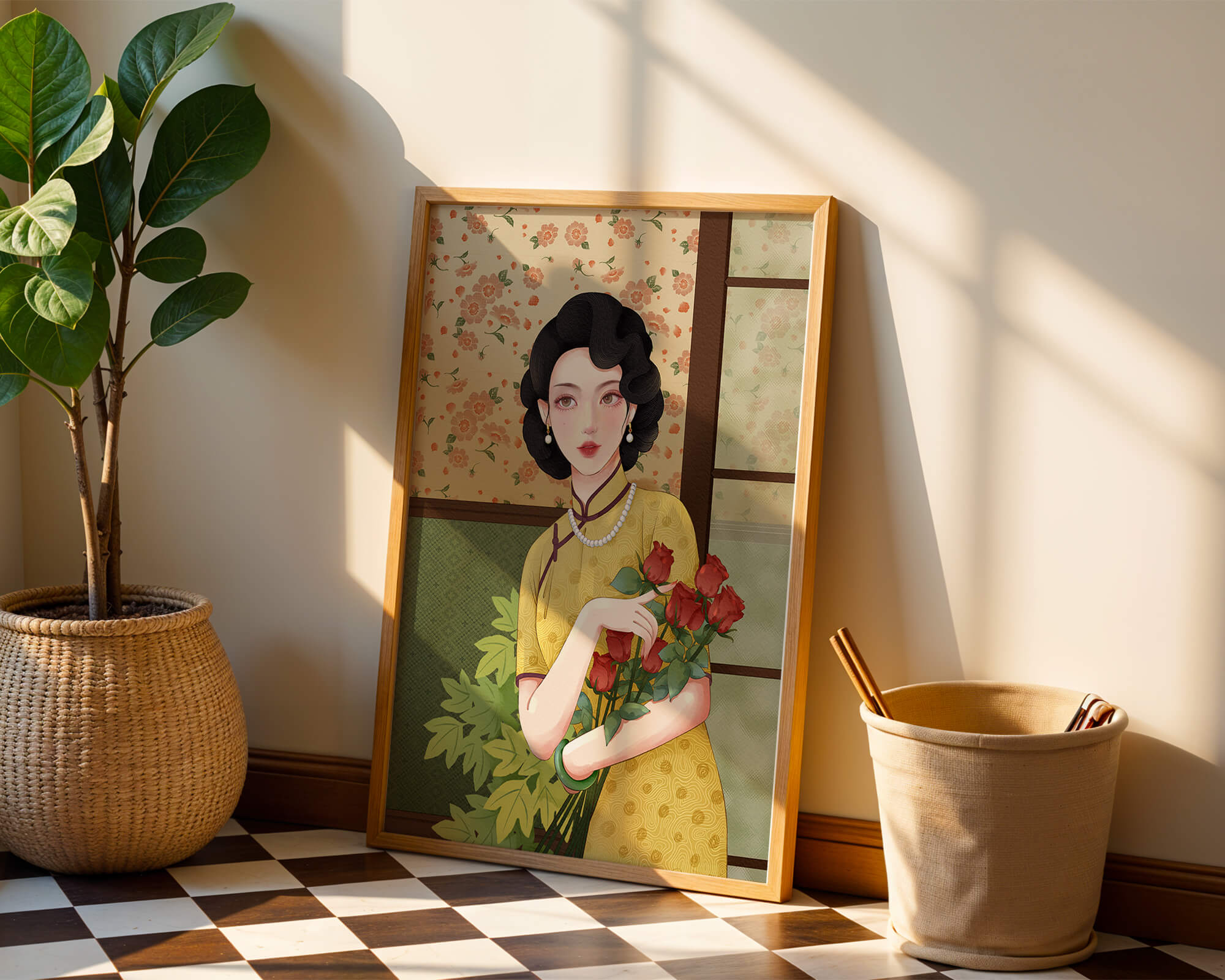 Elegant woman with floral backdrop holding a bouquet