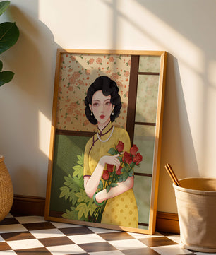 Mujer elegante con fondo floral sosteniendo un ramo