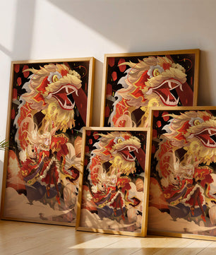 Personnage dynamique avec dragon et lanternes dans une œuvre d'art animée et vibrante