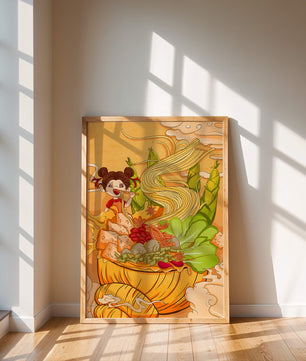 Ilustración colorida de un niño disfrutando de un tazón de fideos con verduras