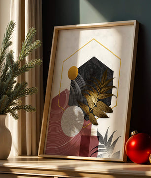 Abstract Geometric Composition with Gold and Leaf Motif - Mi tienda