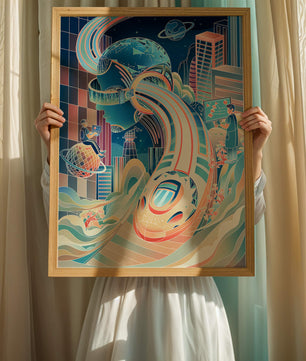 Futuristische Illustration mit VR-Thema und technologischen Elementen