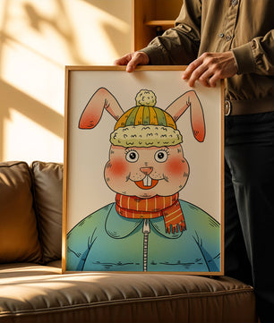 Charmantes Cartoon-Häschen mit Winteroutfit und verspieltem Ausdruck