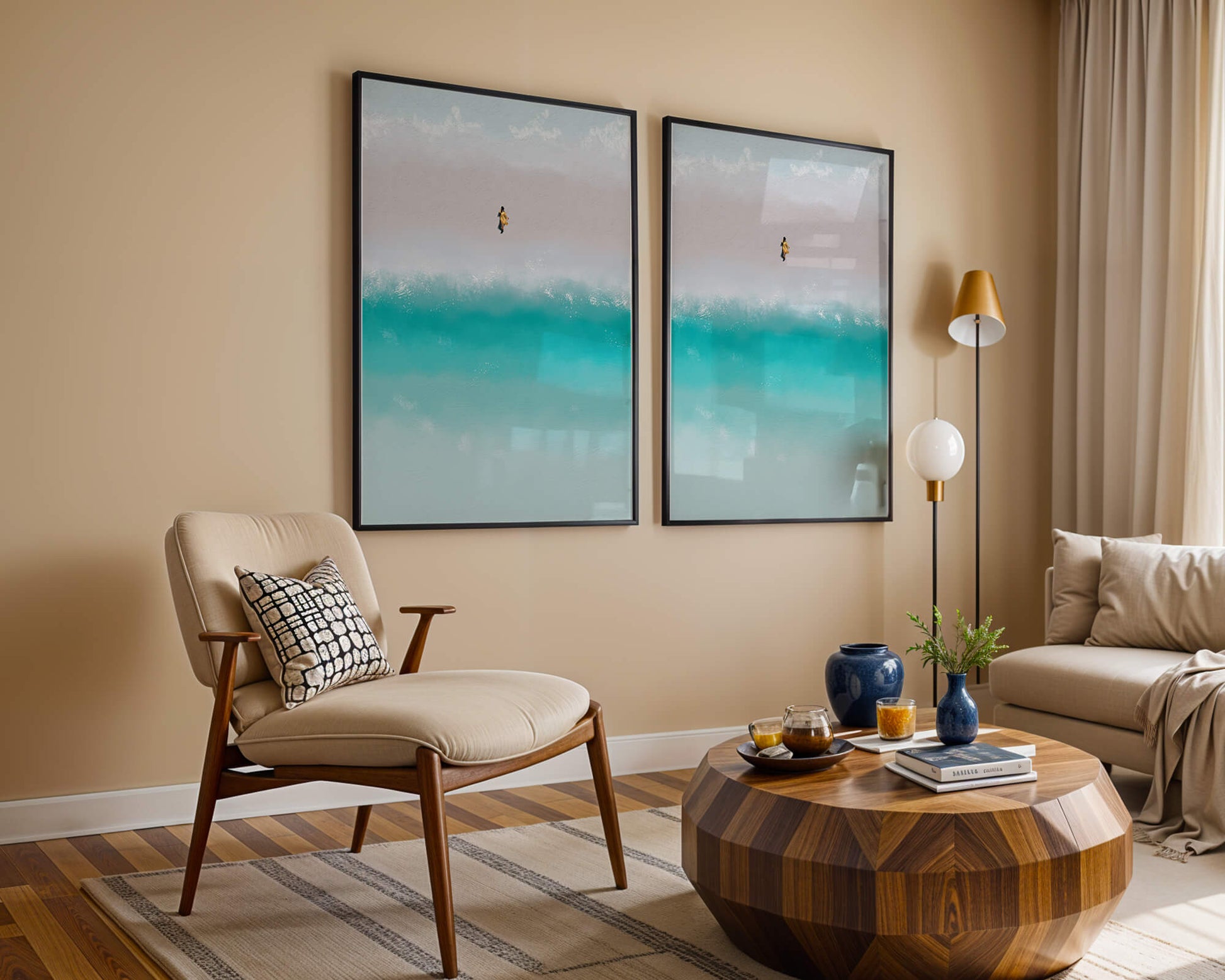 Serene beach with turquoise waves and solitary figure