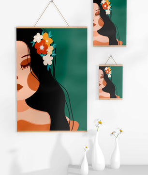 Elegante Illustration einer Frau mit floralem Haarteil