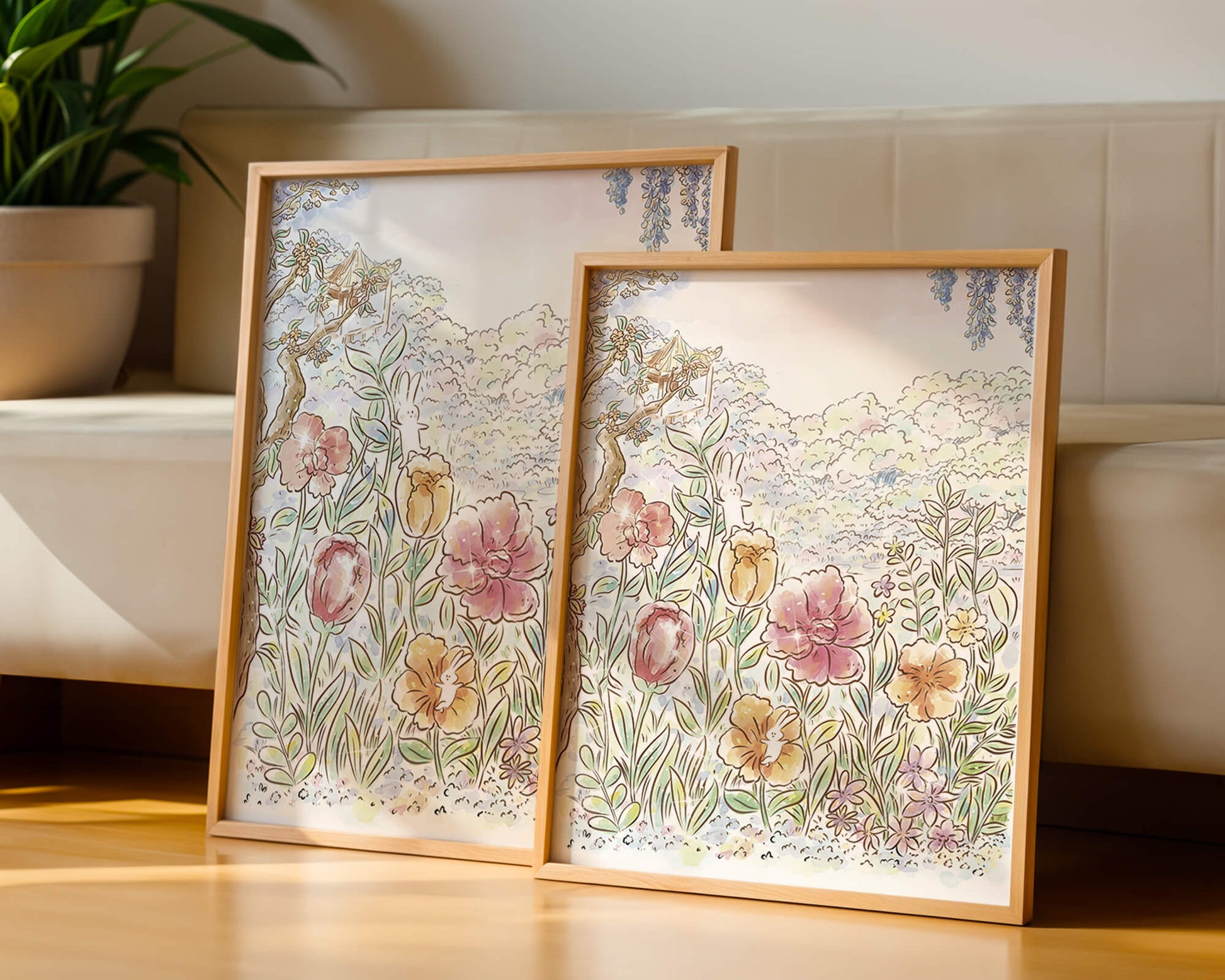 Charming Garden with Bunnies and Blossoming Trees