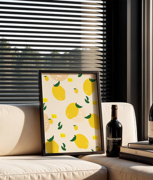 Playful lemon pattern with green leaves and abstract shapes