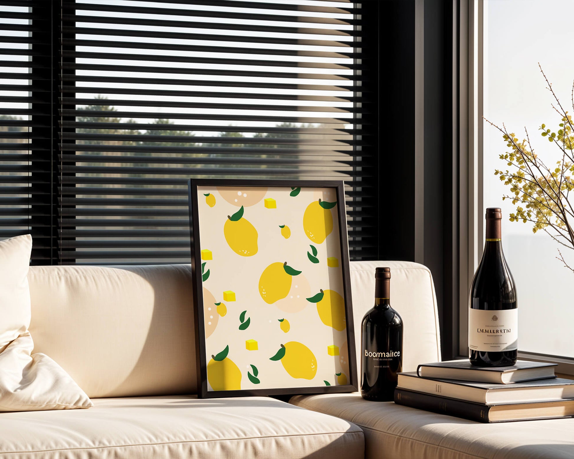 Playful lemon pattern with green leaves and abstract shapes