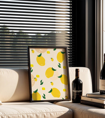 Playful lemon pattern with green leaves and abstract shapes
