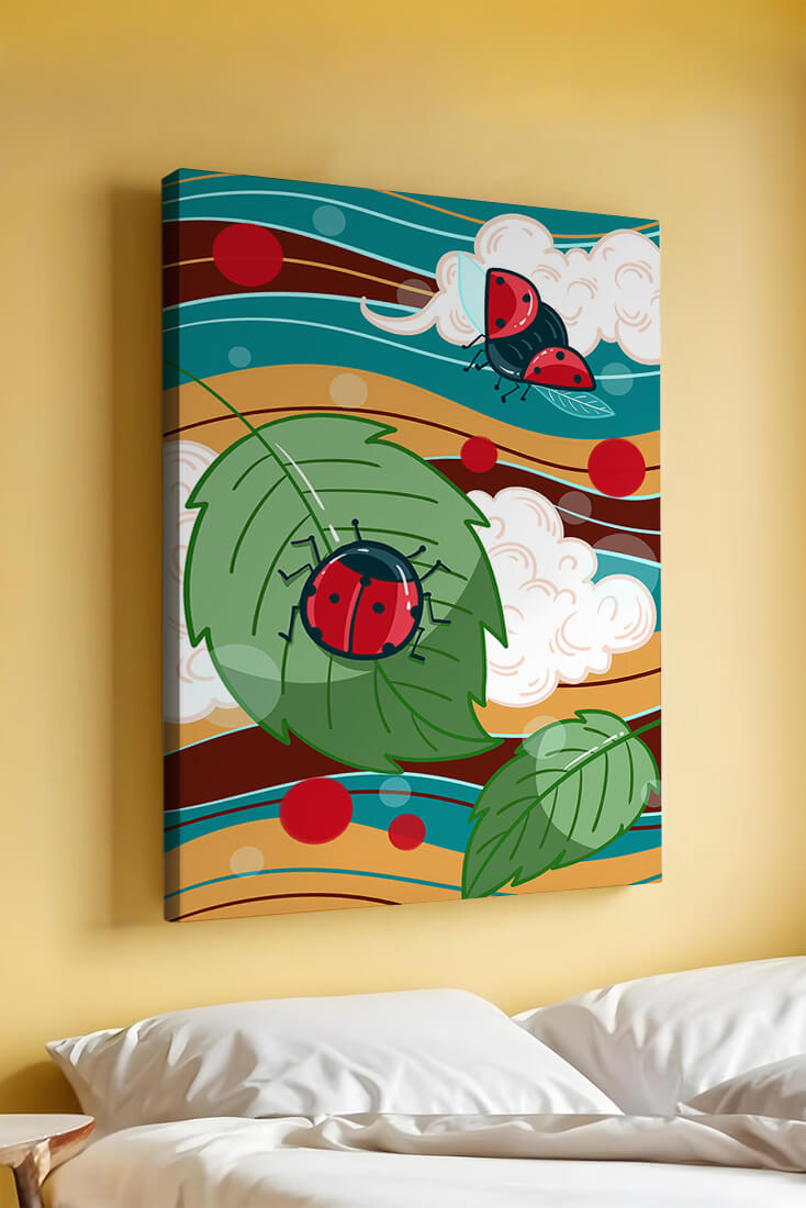 Colorful illustration of ladybugs in a whimsical natural setting