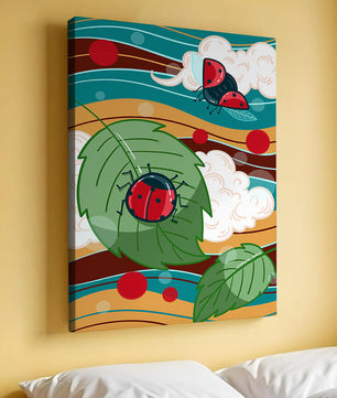 Ilustración colorida de mariquitas en un entorno natural caprichoso