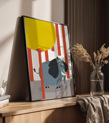 Illustration of a playful elephant with a yellow balloon in abstract setting