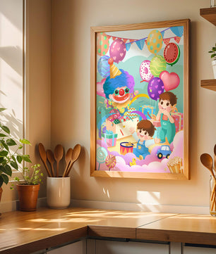 Colorful clown-themed children's party with balloons and toys