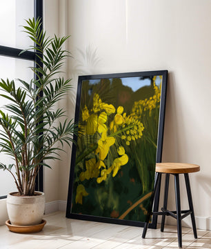 Close-up view of vibrant yellow flowers in a lush green field