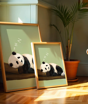 Peaceful panda resting on a log in a serene setting