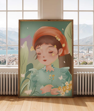 Ilustración serena de una chica en la naturaleza con flores y mariposas