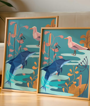 Geometric Dolphin and Seagull with Floral Elements in Abstract Nature
