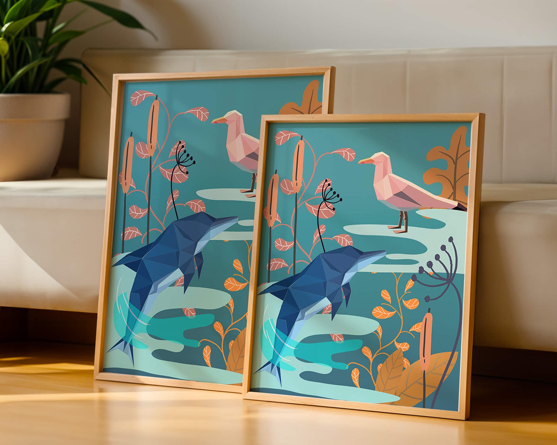 Geometric Dolphin and Seagull with Floral Elements in Abstract Nature