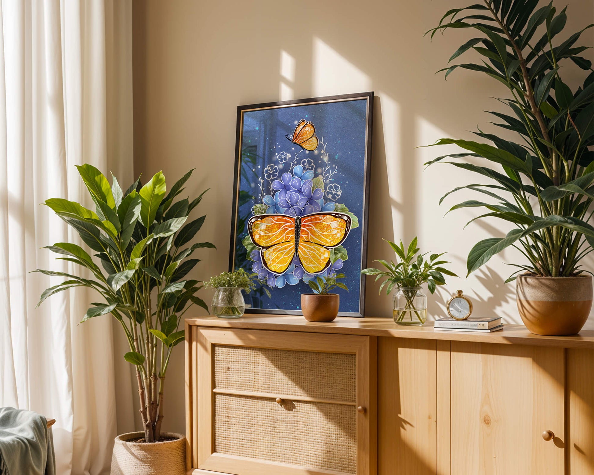 Colorida ilustración de mariposa y flores azules