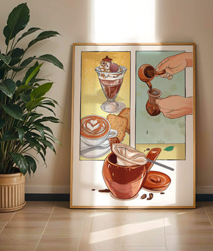 Ilustración artística de café y postre con detalles dorados