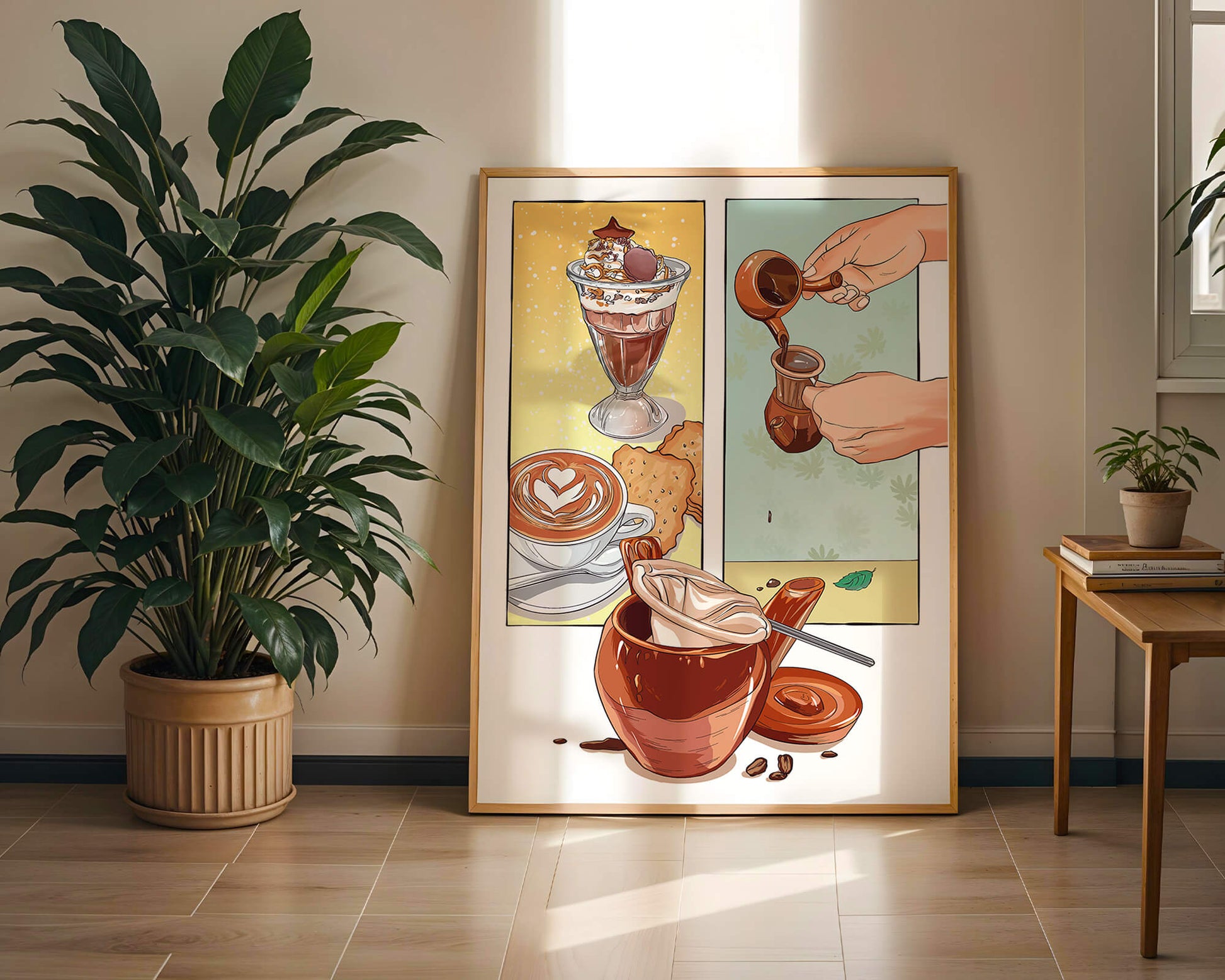 Ilustración artística de café y postre con detalles dorados