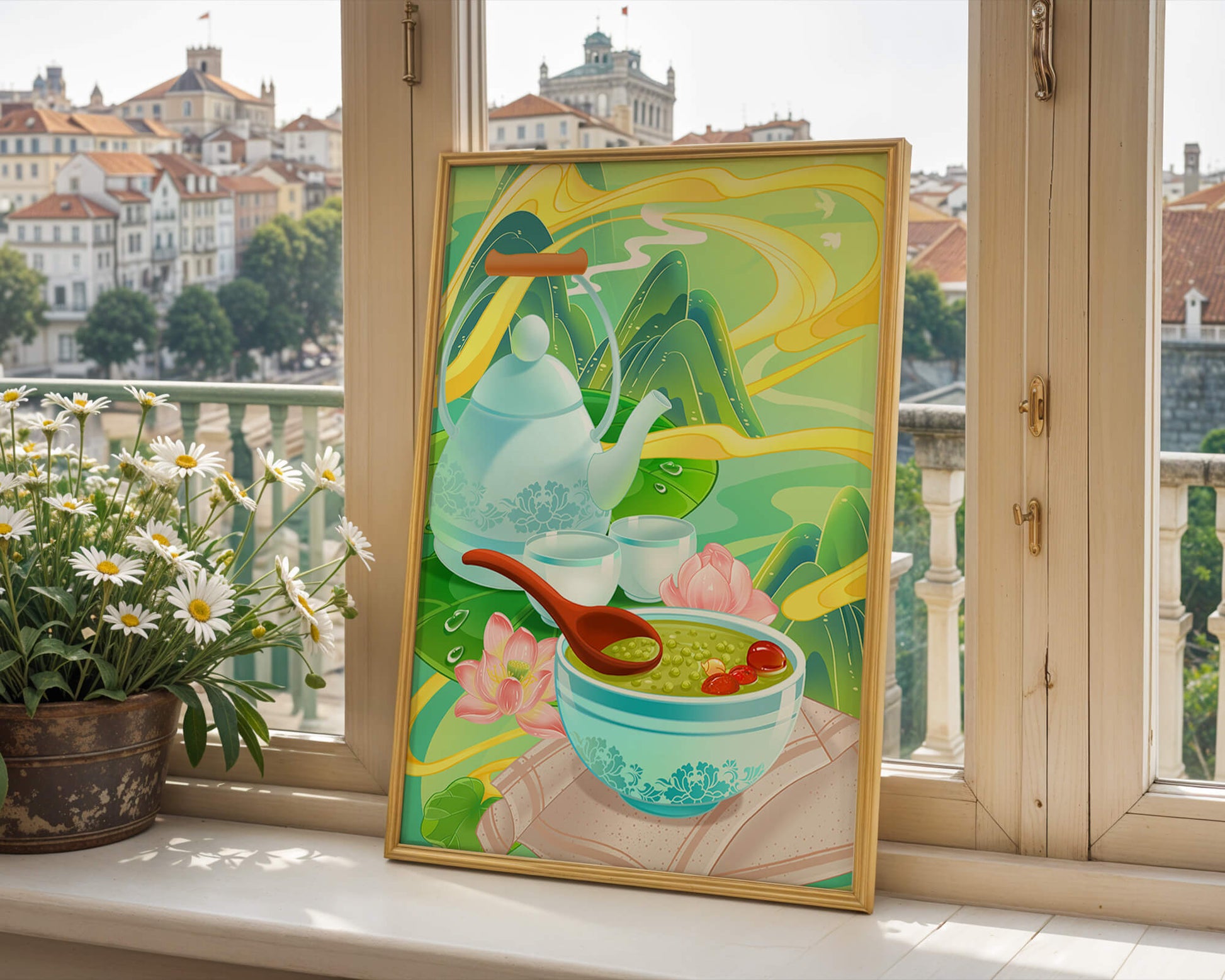 Ceremonia del té con tetera y cuencos de té en medio de un paisaje natural.
