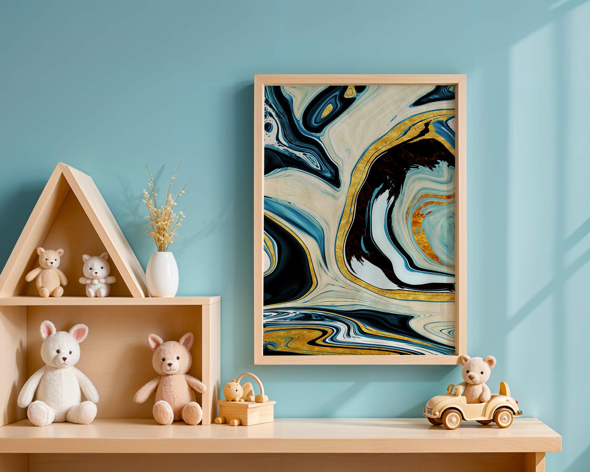Abstract Marble Art with Gold Accents in Blue and Black Swirls